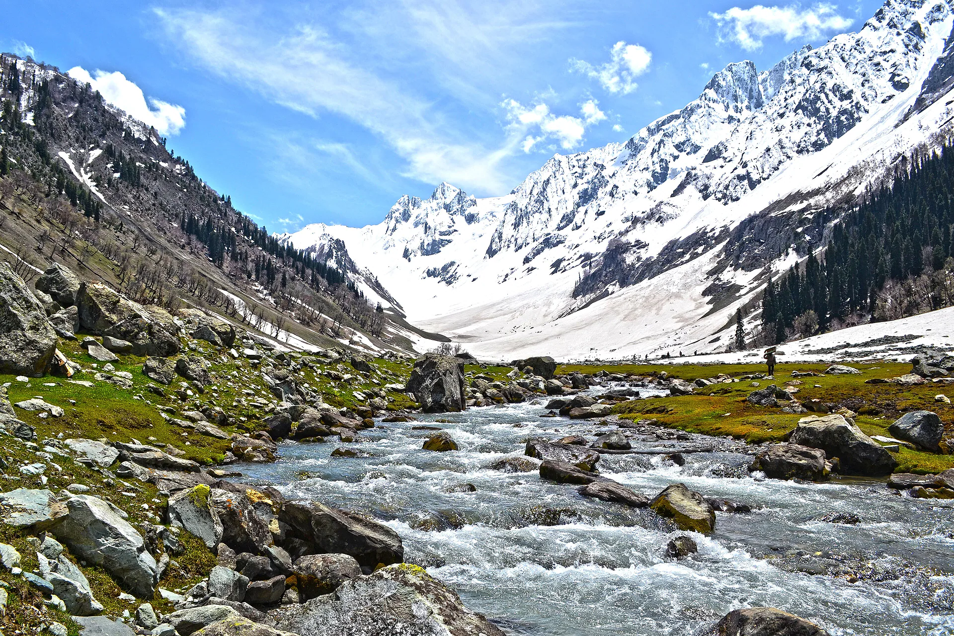 Sonmarg valley with a glacial stream and snowy peaks