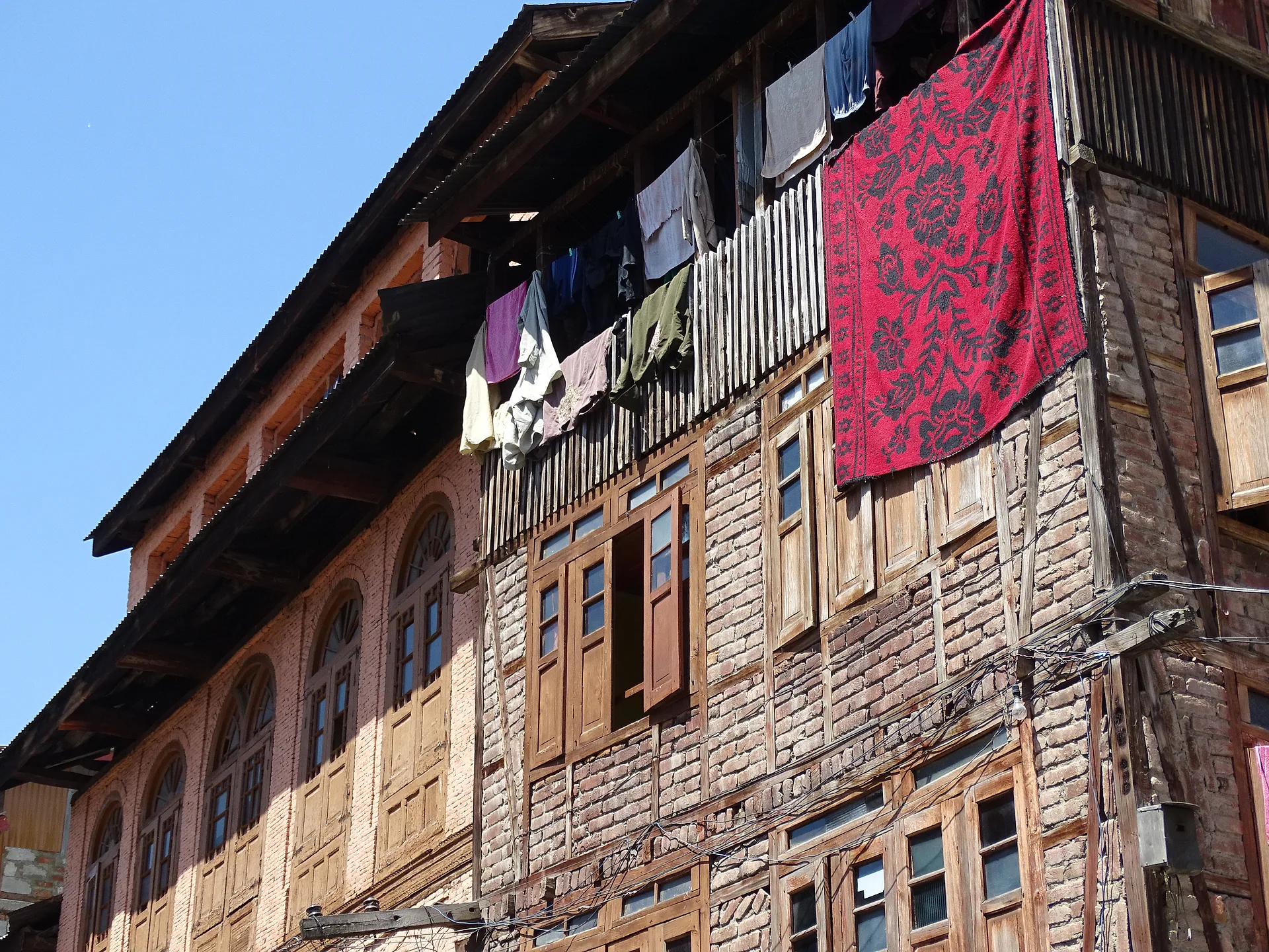 Carved wooden facade of a house in old Srinagar