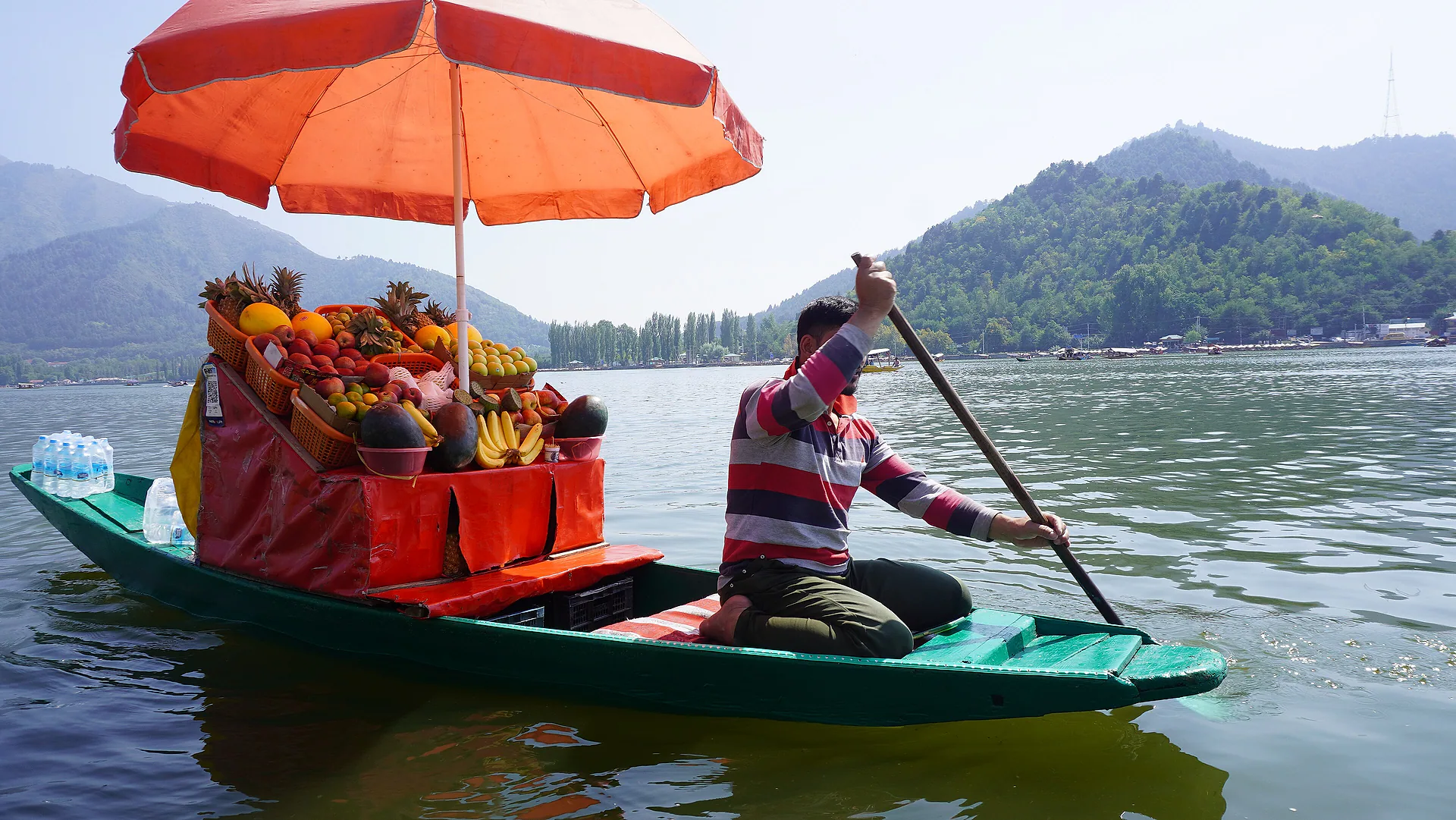 A flower and fruit seller paddling a shikara on Dal Lake